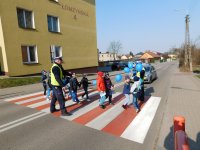 Funkcjonariusze Wydziały Ruchu Drogowego bezpiecznie przeprowadzają przedszkolaków z Miejskiego Przedszkola Nr 1 w Zambrowie przez jezdnię, przekazując im elementy odblaskowe. Dzieci trzymają w rączkach niebieskie baloniki symbolizujące ,,Światowy Dzień Wiedzy na Temat Autyzmu&quot;